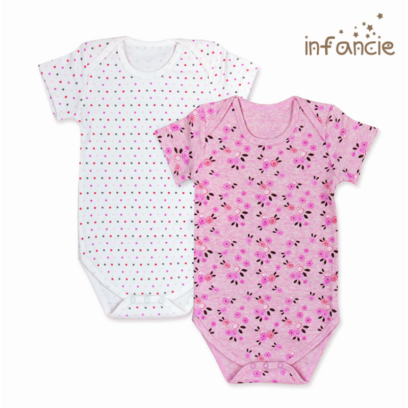 Infancie Baby Short Sleeves Bodysuit Set of 2 Pcs (100% Cotton) White / Pink